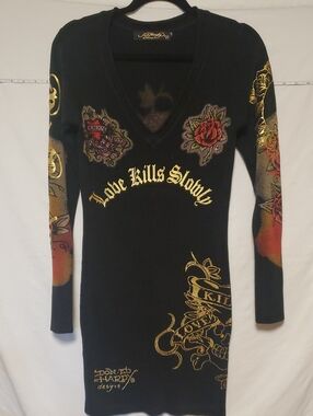 Ed Hardy By Christian Audigier Black V-Neck Sweater Dress with Gold Small